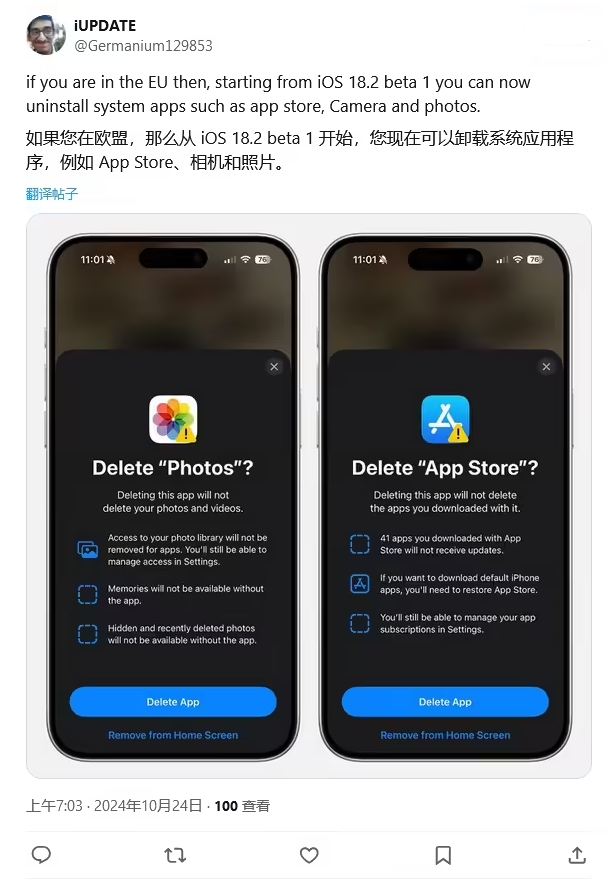 林周苹果手机维修分享iOS 18.2 支持删除 App Store 应用商店 