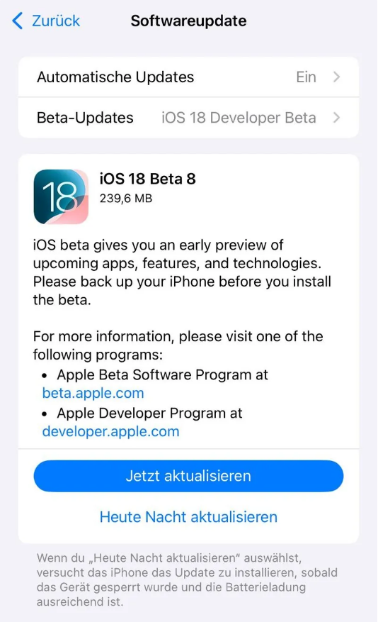 林周苹果手机维修分享苹果 iOS / iPadOS 18 开发者预览版 Beta 8 发布 